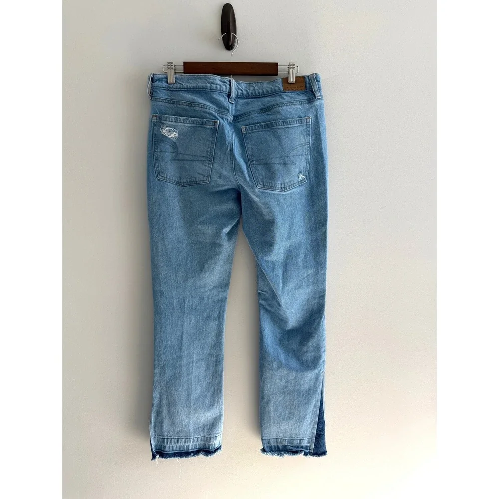 American Eagle Split Hem Straight Leg Jeans Light Wash Distressed Denim 28